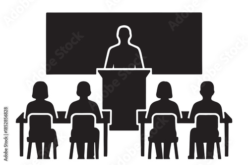 A speaker delivering a presentation to an audience in a classroom or conference setting