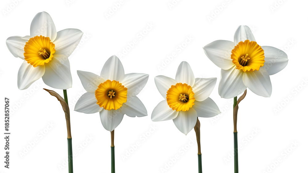 Fototapeta premium Four white daffodils with yellow centers on black background