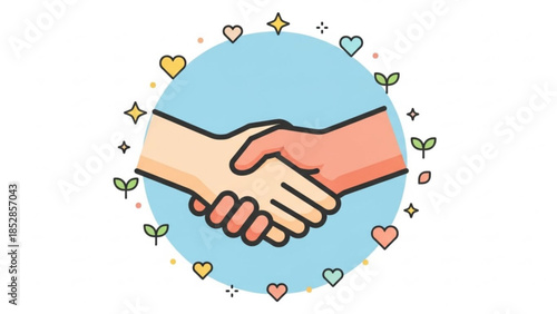 Handshake of agreement and friendship with hearts and plants around, symbolizing partnership and growth in business or personal