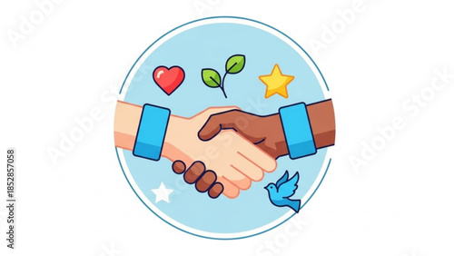 Diverse hands shaking in a symbol of friendship and partnership with heart star leaf bird