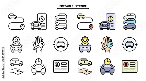 Car Sharing Icons: Scalable Editable Vector Set for Mobility App UI and Transportation Service Website Design