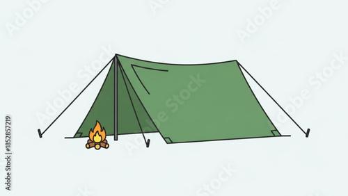 Green tent with campfire burning in front on white background, outdoor adventure and travel concept, camping equipment