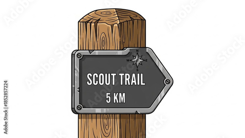 Scout trail sign on wooden post indicating 5 km hiking distance with compass, trail marker for outdoor adventure and navigation