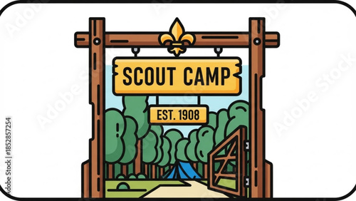 Vintage style illustration of a wooden scout camp entrance sign with a tent in the background and trees, established in 1908