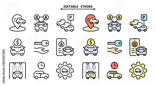Car Sharing and Mobility Icons: Color Outline Vector Collection for App Interface, Logistics and Route Planning
