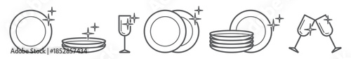 Clean Dishes and Glasses linear icon set isolated on a transparent background. Simple outline symbols for kitchenware, dishwashing, hygiene and household care themes. Editable stroke.