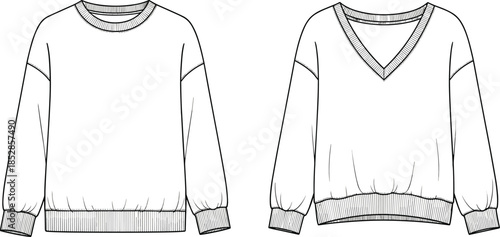 cad drawing flat vector illustration, fashion sketch sweater design, technical apparel template, crewneck and v-neck top, garment blueprint