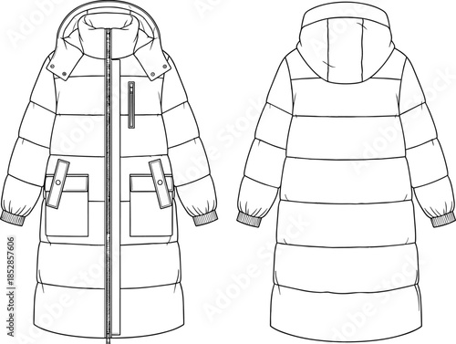 Long padded winter coat, technical fashion sketch, front and back view, hooded outerwear design, cad drawing, flat vector illustration