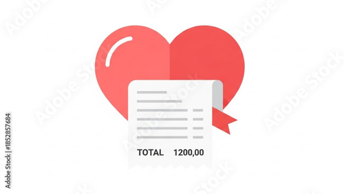 Red heart shaped bill payment invoice with total amount of twelve hundred euros on white background, symbolizing love and finance