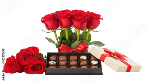 Valentine's Day gift of red roses and assorted chocolates on black background graphic isolated on a transparent background
