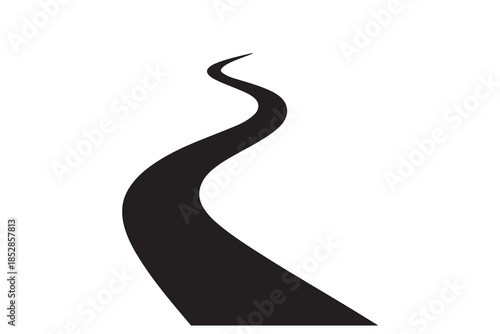 A winding black road stretching into the distance on a clean white background, symbolizing journey