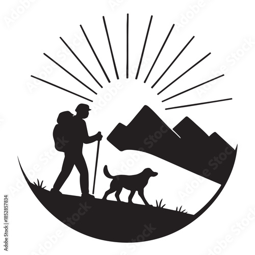 A hiker and their dog journeying through majestic mountains under a radiant sun