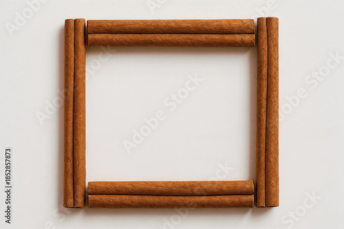 Square frame made of cinnamon sticks on a white background, simple and clean design