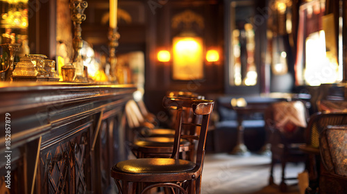 establishment. Vintage Italian bar interior with dark wood furniture and warm yellow lighting. real-estate listings.
