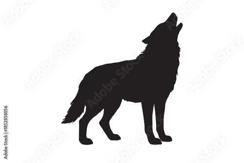 A powerful silhouette of a majestic wolf howling with raw emotion against a pure white background
