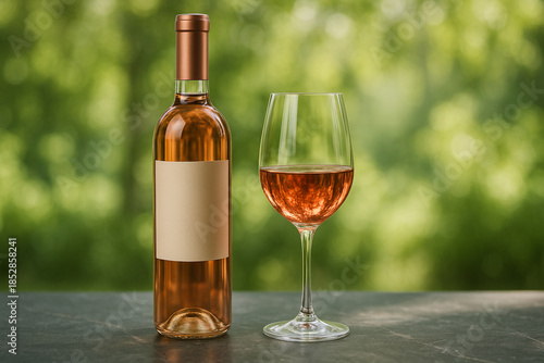 自然の中で飲むロゼワイン　背景が新緑の庭　ピクニック