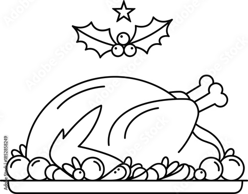 Roasted turkey holiday illustration, festive platter with garnish, Christmas meal sketch, black white line drawing, seasonal food icon