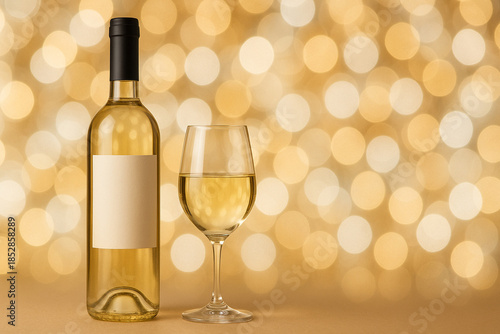 白ワインとワインボトル　イルミネーションの背景
