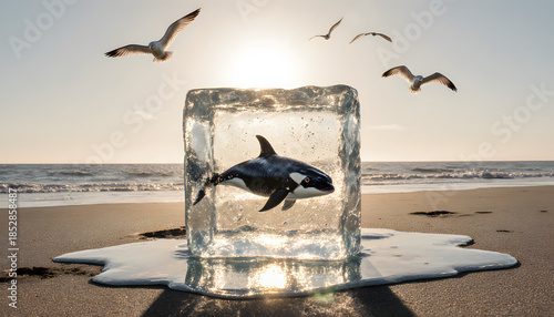 Baby whale swimming inside a giant transparent ice cube on a beach shore at golden hour, concept of Whale Day  