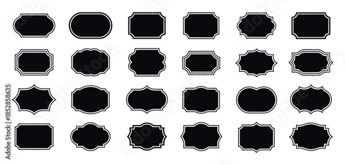 Black Decorative Label Silhouettes and Vintage Frame Shapes. Retro Outline Badge Set, Ornate Geometric Borders, Empty Tag Designs, Shield Elegant Royal Crest Emblem, Retro Stickers.