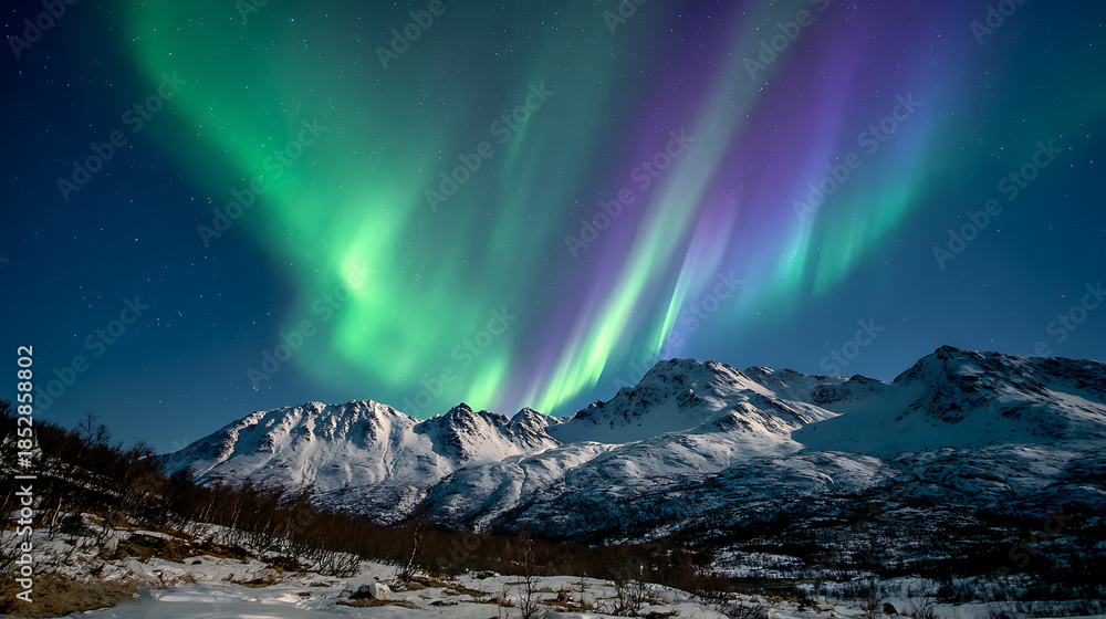 Fototapeta premium Vibrant Northern Lights Aurora Borealis Over Snowy Mountain Ridge
