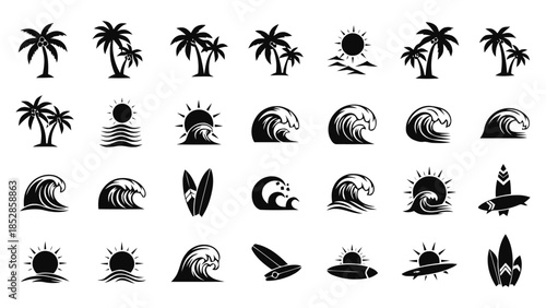 Collection of black silhouette summer vacation icons on white background Vector, illustration