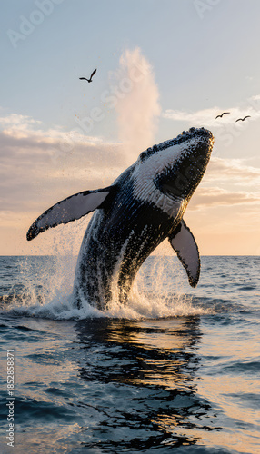 Humpback whale breaching vertically from vibrant ocean at sunset - Concept of Whale Day  