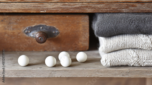 camphor. White camphor balls placed inside an antique wooden wardrobe with folded clothing. menu design, packaging mockups, designed for food delivery and cloud-kitchen brand materials.
