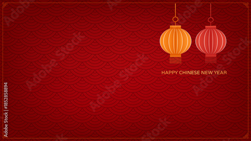 Chinese New Year background featuring a deep red textured wave pattern and two stylized hanging lanterns in orange and red.