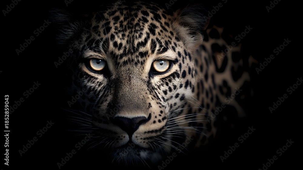 Naklejka premium Intense Gaze - A Captivating Portrait of a Leopard Emerging from Darkness.