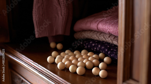 camphor. White camphor balls placed inside an antique wooden wardrobe with folded clothing. menu design, packaging mockups, designed for food delivery and cloud-kitchen brand materials.
