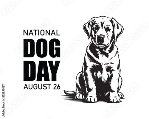 National Dog Day horizontal vector banner template with a cheerful dog sitting near a hedge. Holiday which acknowledges family dogs and dogs that work selflessly each day to save human lives