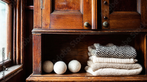 camphor. White camphor balls placed inside an antique wooden wardrobe with folded clothing. menu design, packaging mockups, designed for food delivery and cloud-kitchen brand materials.

