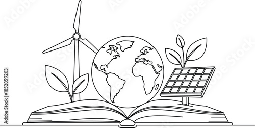 Environmental education illustration, open book with globe wind turbine solar panel leaves, sustainability sketch, black white line drawing