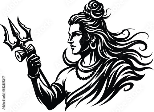 Lord Shiva illustration holding trident, powerful Hindu god silhouette, spiritual deity art, divine energy symbol, mythology design, and religious illustration concept