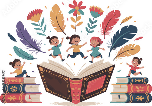 Happy children jumping from books illustration showing imagination, reading joy, storytelling magic, creative learning, childhood education, and colorful fantasy world