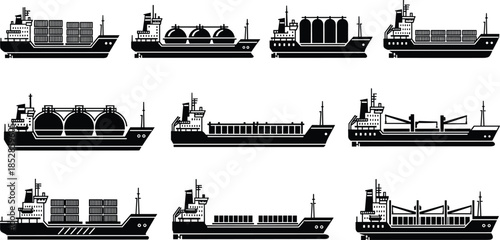 Cargo ship silhouettes collection illustration showing different commercial vessels, container ships, tankers, bulk carriers, and maritime transportation industry concepts