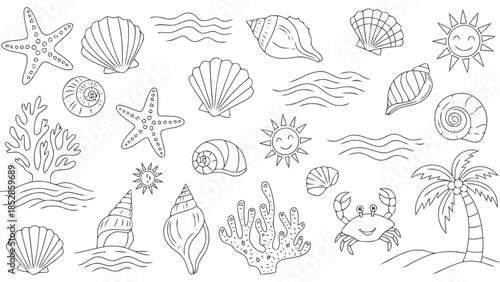 Collection of hand drawn beach elements on white background Vector, illustration