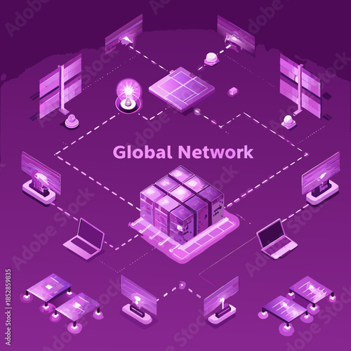 Isometric illustration of a global network with servers connections and devices