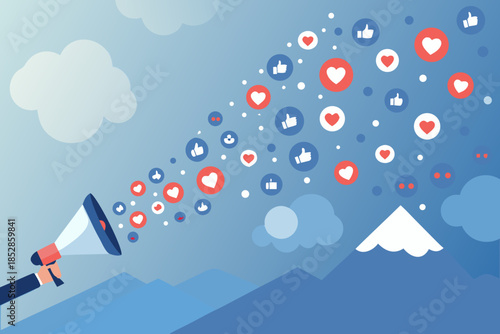 Social media megaphone broadcasting likes hearts and engagement through the clouds