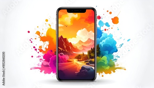Vibrant Smartphone Displaying a Scenic Landscape with Colorful Splashes.