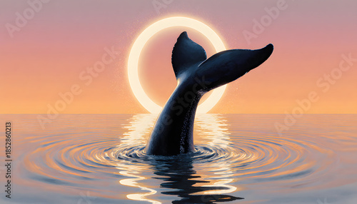 Whale fin breaking water's surface with circular reflection at sunset  