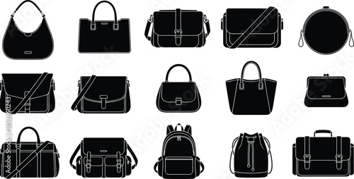 Handbag and bag silhouettes collection illustration featuring purses, backpacks, totes, and shoulder bags, fashion accessories set, and modern design icons