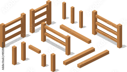 Isometric wooden fence components, assembled panels and parts, carpentry layout, DIY construction sketch, outdoor structure illustration, timber design