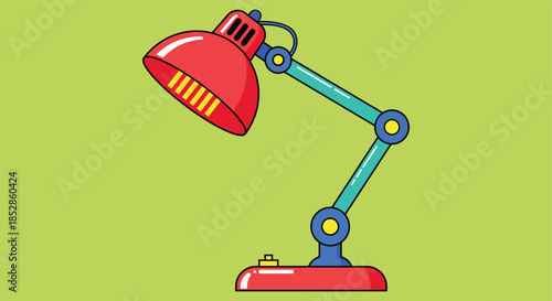 Red and teal desk lamp with yellow accents on green background blue