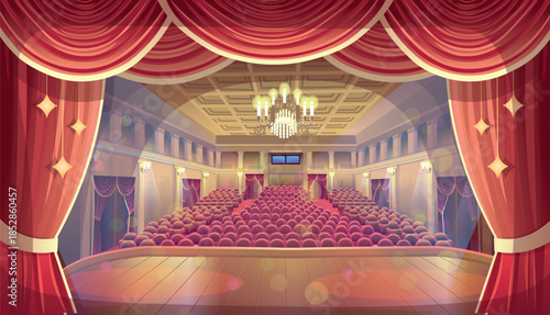 Theater hall. View of an empty theater hall with seats. An old vintage theater hall. A performance on stage. Backstage.