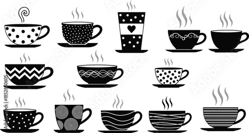 Coffee cup illustration, tea mug design, hot beverage icons, steaming drink art, black and white pattern cups, decorative saucer set