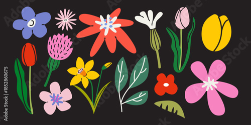Botanical abstract flowers, plants and leaves. Organic funky spring wild flowers stickers in cartoon doodle style. Vector nature illustrations for greeting cards, patches, labels, stamps