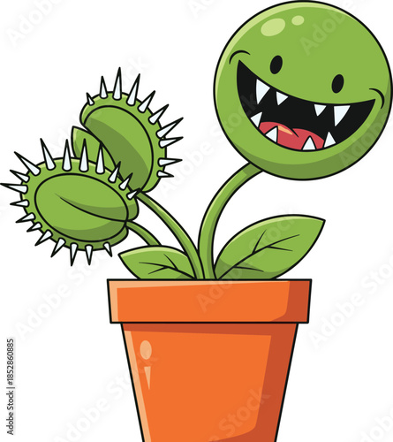 Cartoon Venus flytrap, smiling plant character, animated carnivorous plant, funny monster plant, green trap heads, orange pot illustration