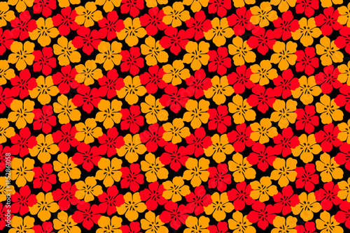 A bold seamless floral pattern featuring vibrant red and yellow flowers on a deep black background, creating a striking, energetic, and decorative design.
